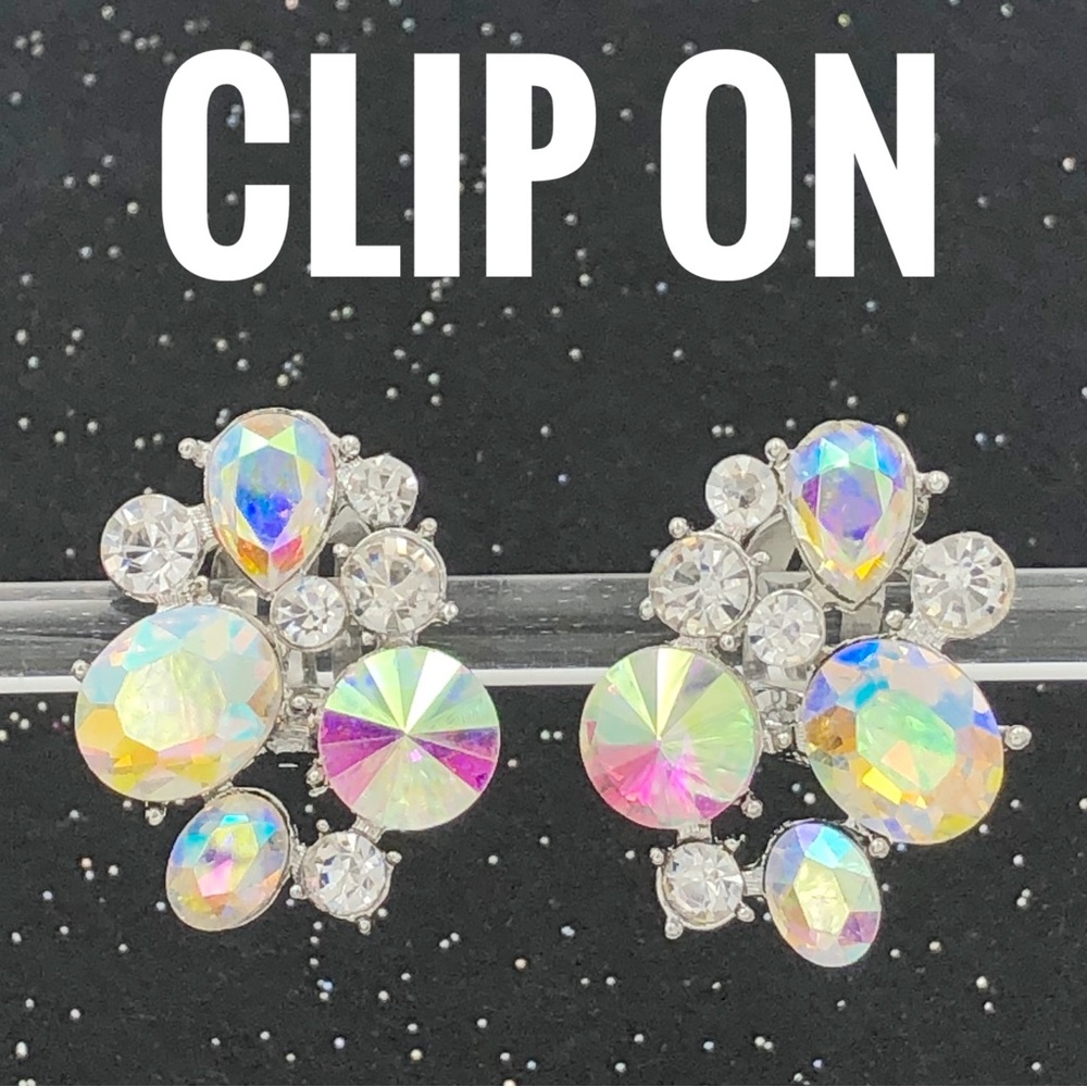 AB Iridescent Cluster Rhinestone Clip On Earrings